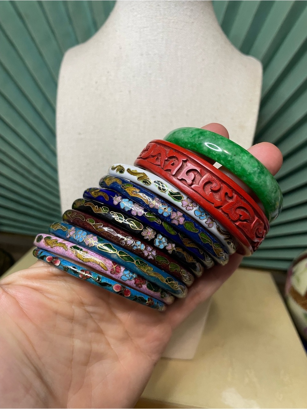 Colorful Cloisonné Stack Bracelet Lot with Cinnabar and Stone Bangle Asian